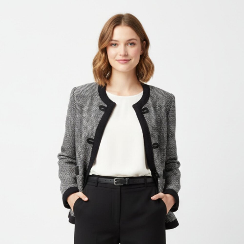 Castleberry Black & White Tweed Knit Open Front Vintage Cardigan Sweater 12